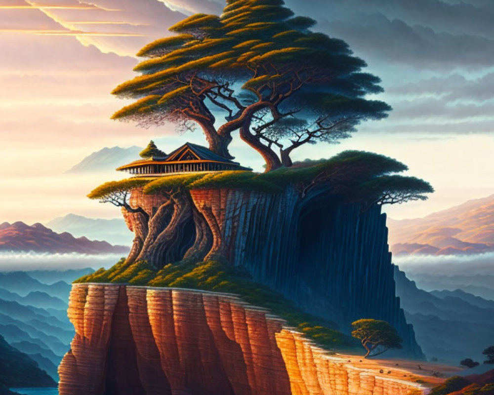 Tranquil landscape with cliff, tree, pagoda, and sea at sunset