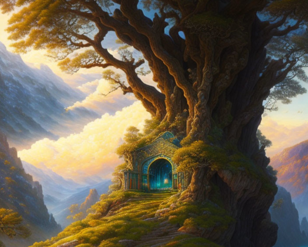 Majestic treehouse with glowing door above misty gorge at sunset