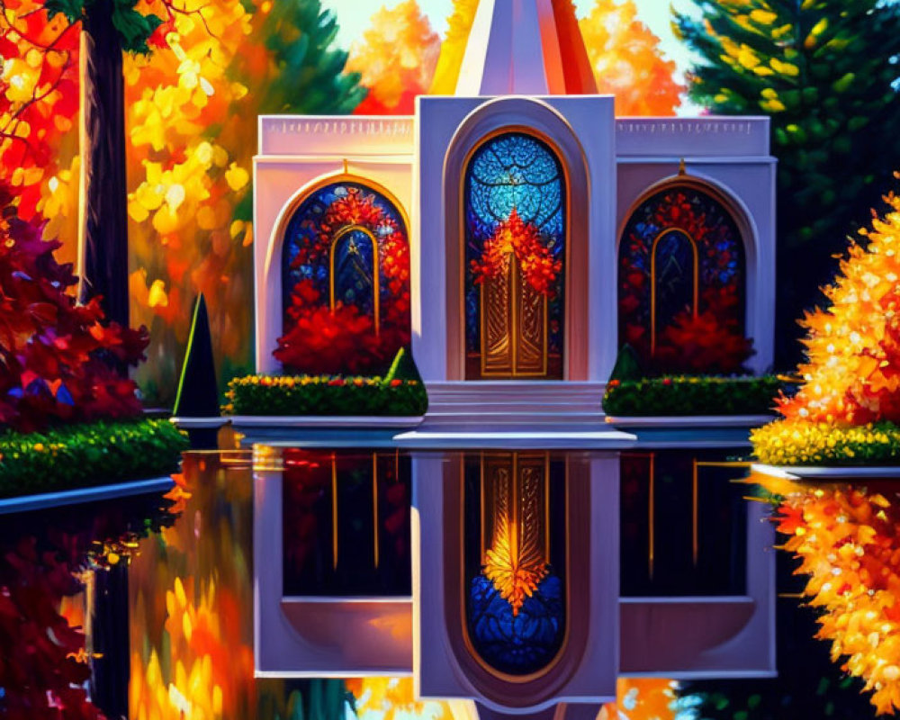 Colorful Autumn Trees and Ornate Building Reflected in Water