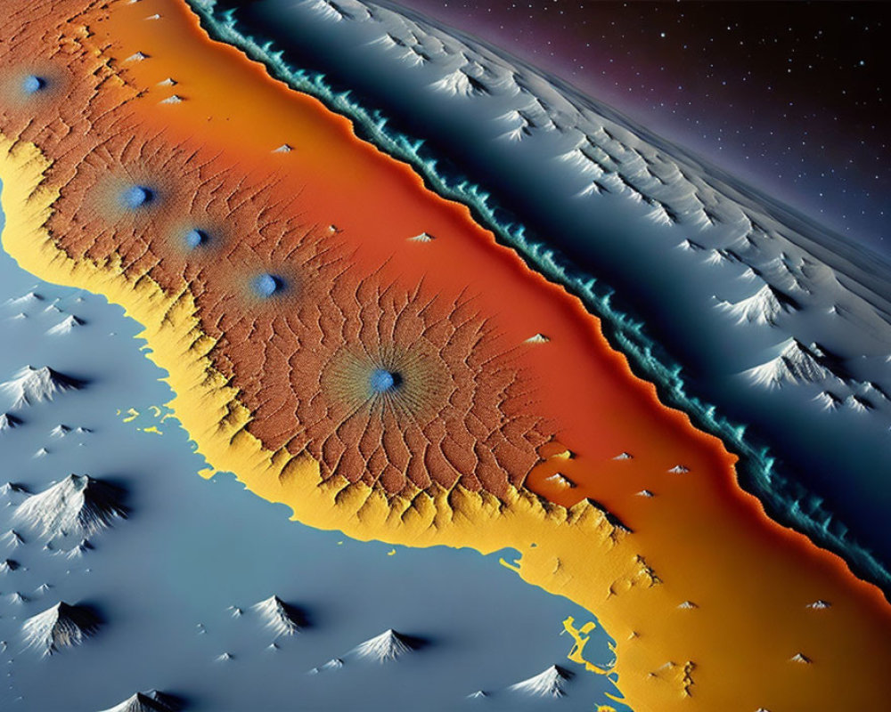 Planetary surface with circular patterns in orange and blue against starry sky