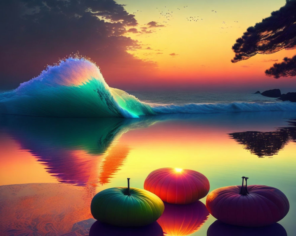Colorful Sunset with Wave and Luminous Objects Reflecting on Water