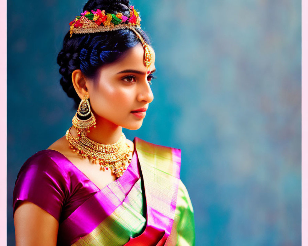 Traditional Indian attire woman in jewelry gazes against blue backdrop