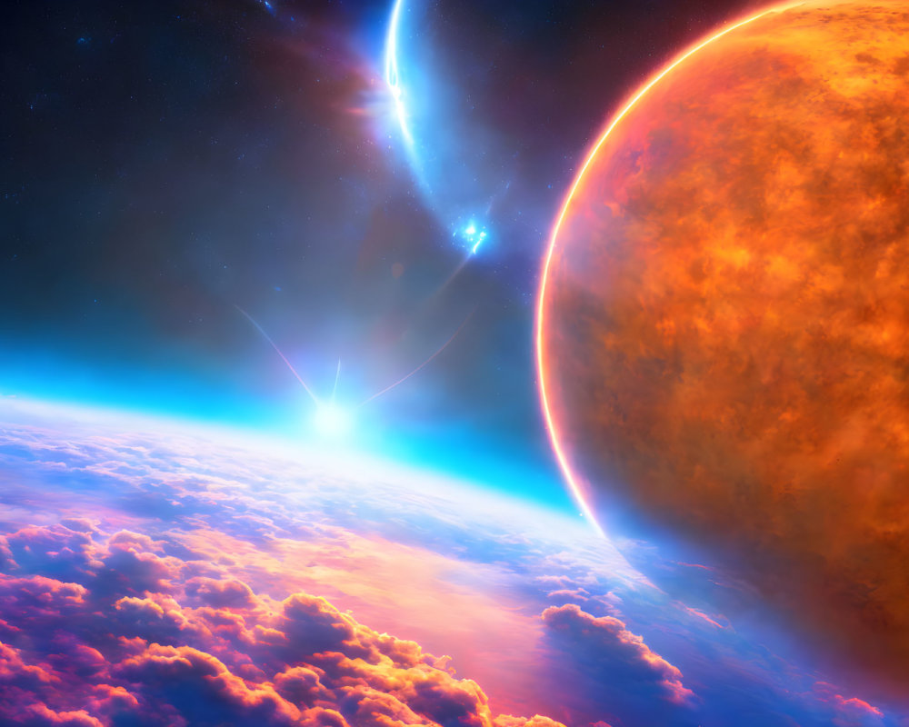 Colorful cosmic scene with orange and blue planets, clouds, starburst, and starry space.