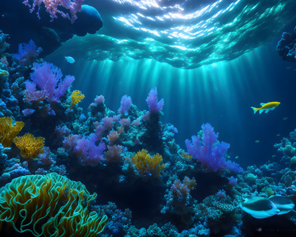 Vibrant underwater scene with sun rays, coral formations, and colorful fish
