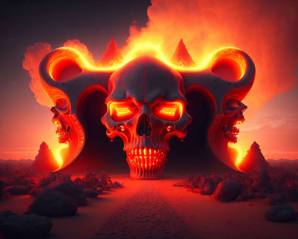 Surreal glowing skull with horns in fiery landscape