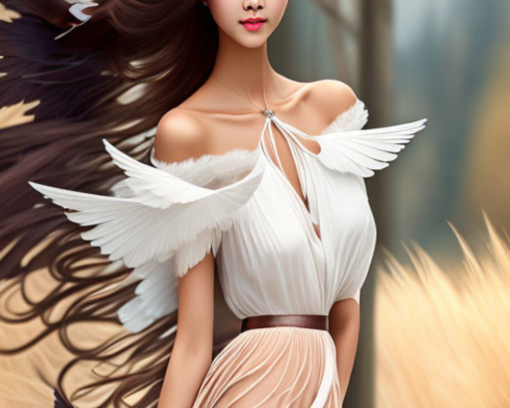 Digital Artwork: Woman with Angelic Wings in Autumnal Setting