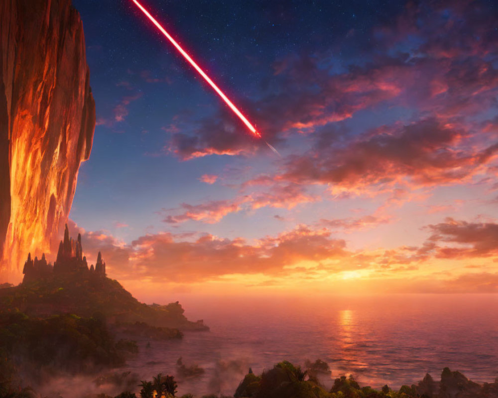 Fantastical sunset landscape with cliff-side castle and red comet