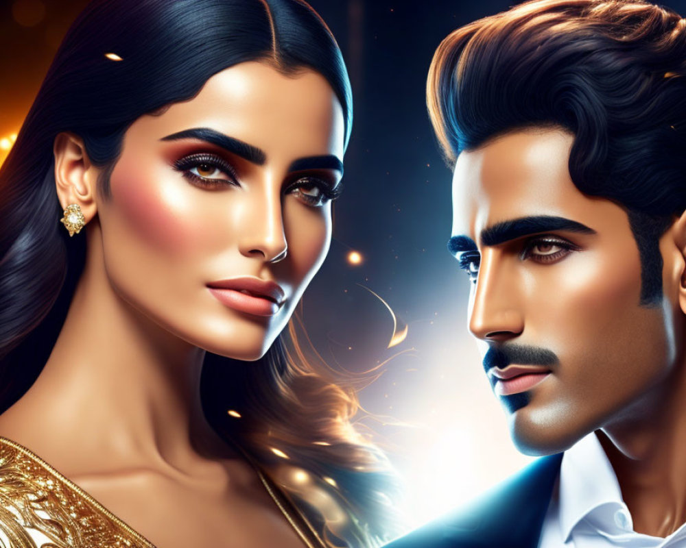 Stylized digital portrait of glamorous woman and handsome man in elegant attire