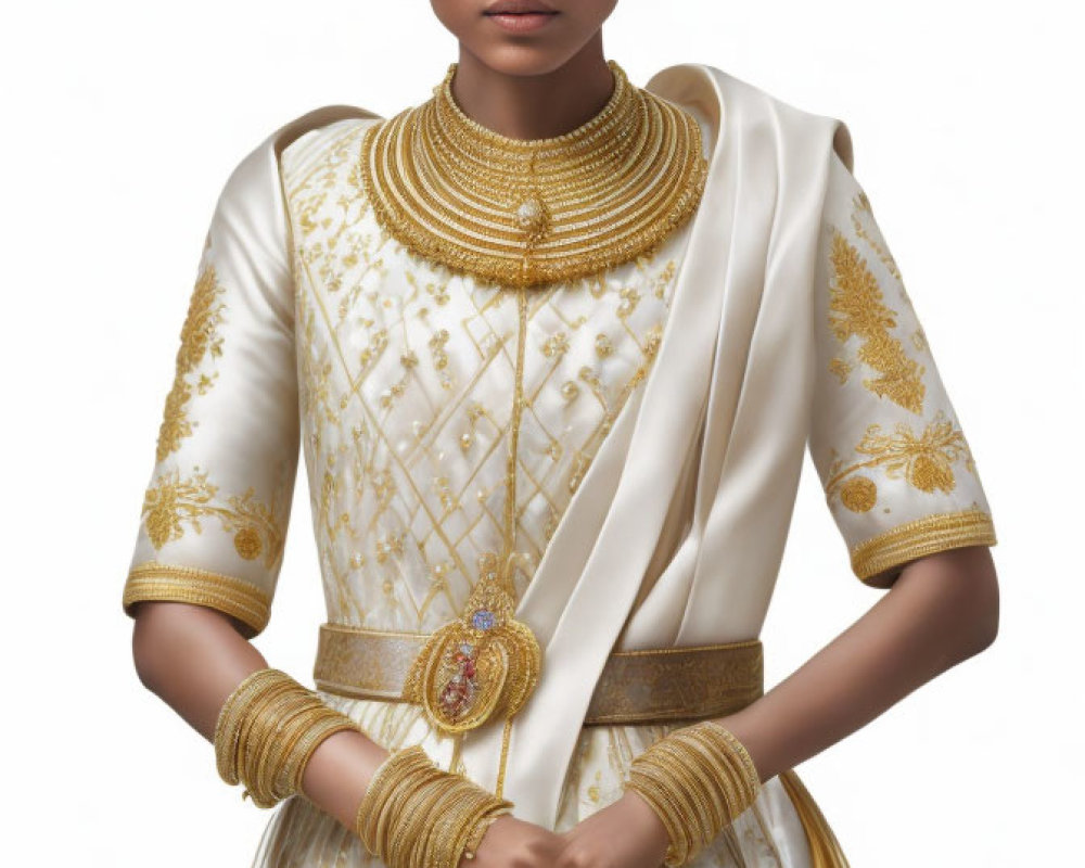 Traditional Indian Bridal Attire with Golden Jewelry on Woman pose elegantly.