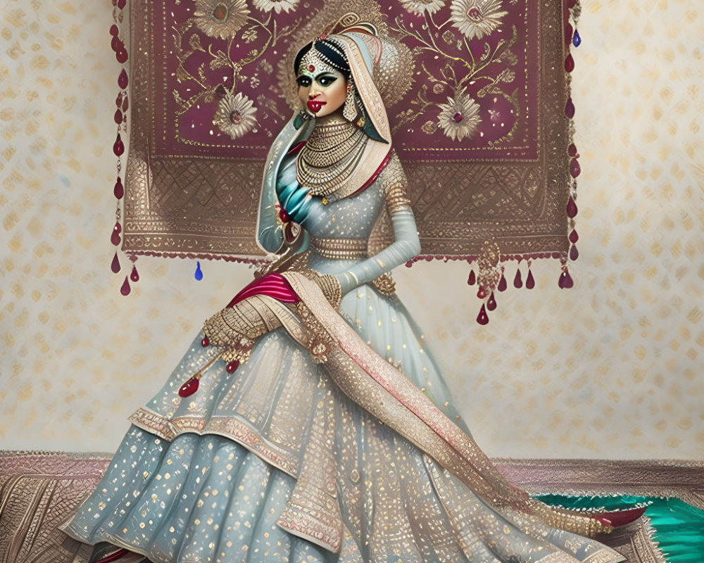 Traditional South Asian bridal attire illustration with intricate henna design.