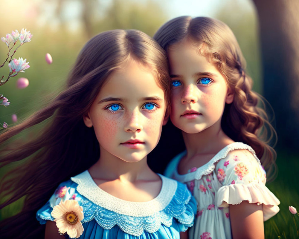 Two young girls with blue eyes in floral dresses in blooming garden