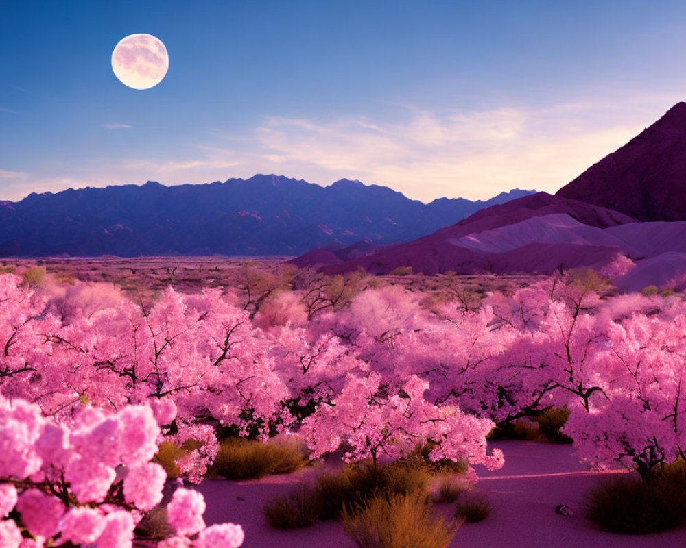 Vibrant pink blossoms in desert landscape under twilight sky
