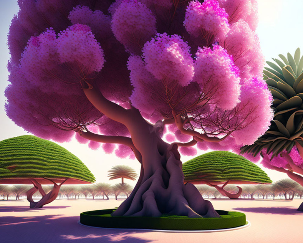 Vibrant fantasy landscape with oversized purple trees and pink sky