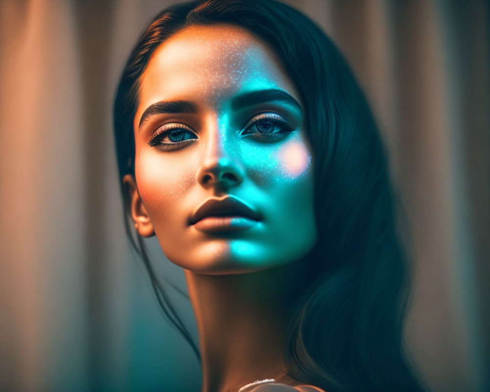 Portrait of Woman with Striking Blue Lighting and Mystical Glow