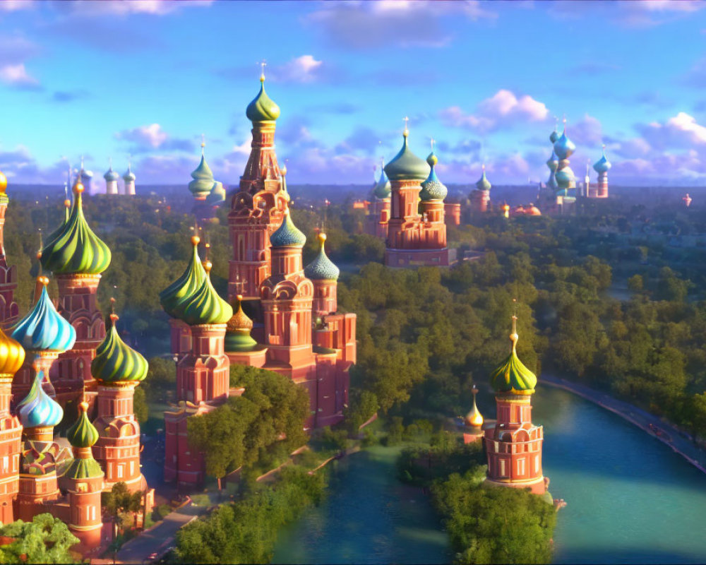 Colorful Fairytale Castle with Onion Domes and River Scenery