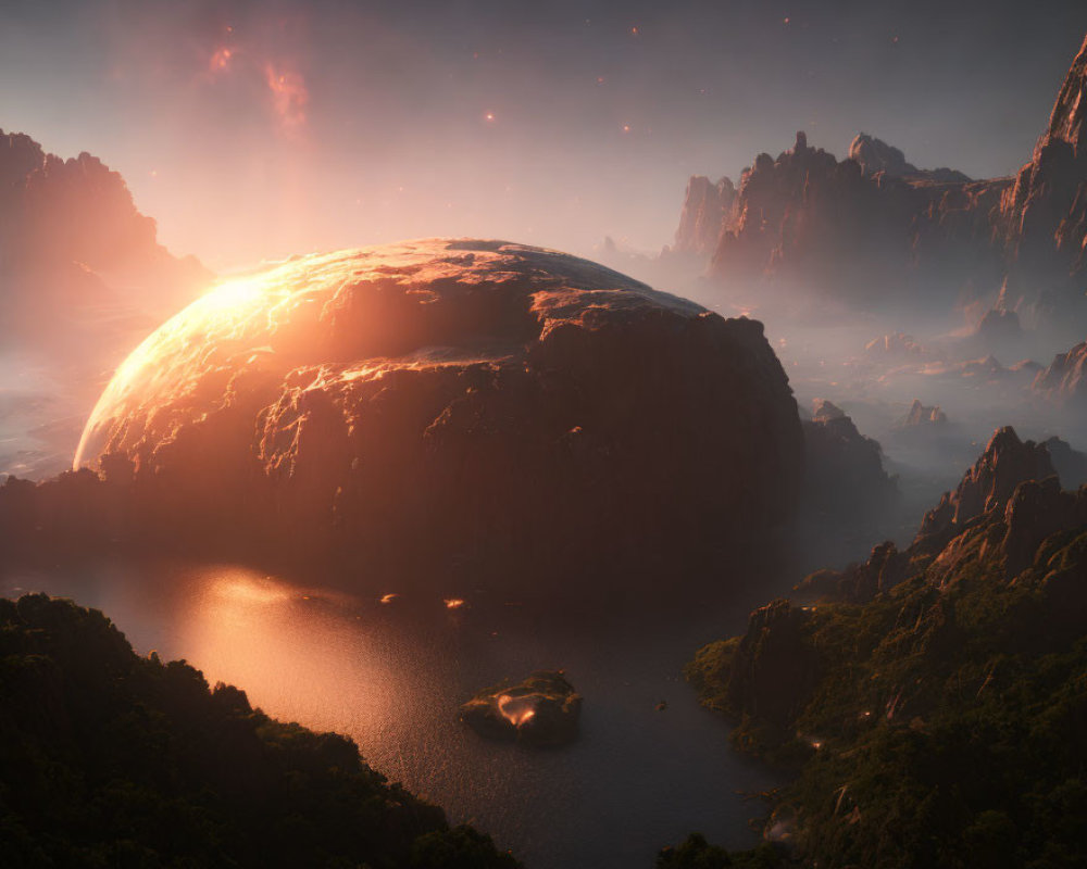 Lakeside landscape at sunset with celestial body and rocky terrain
