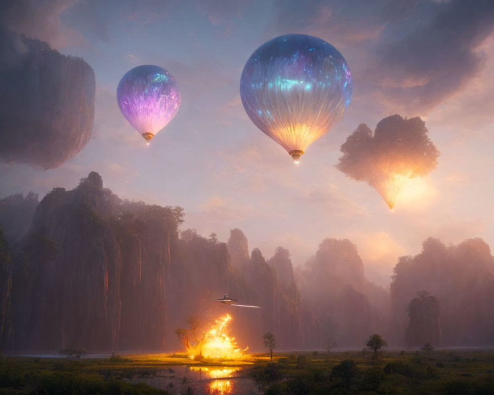 Glowing hot air balloons among rock formations in misty landscape