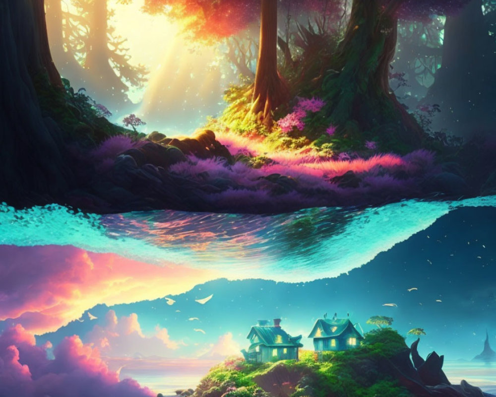 Fantasy landscape artwork with sunlit forest and underwater scene.