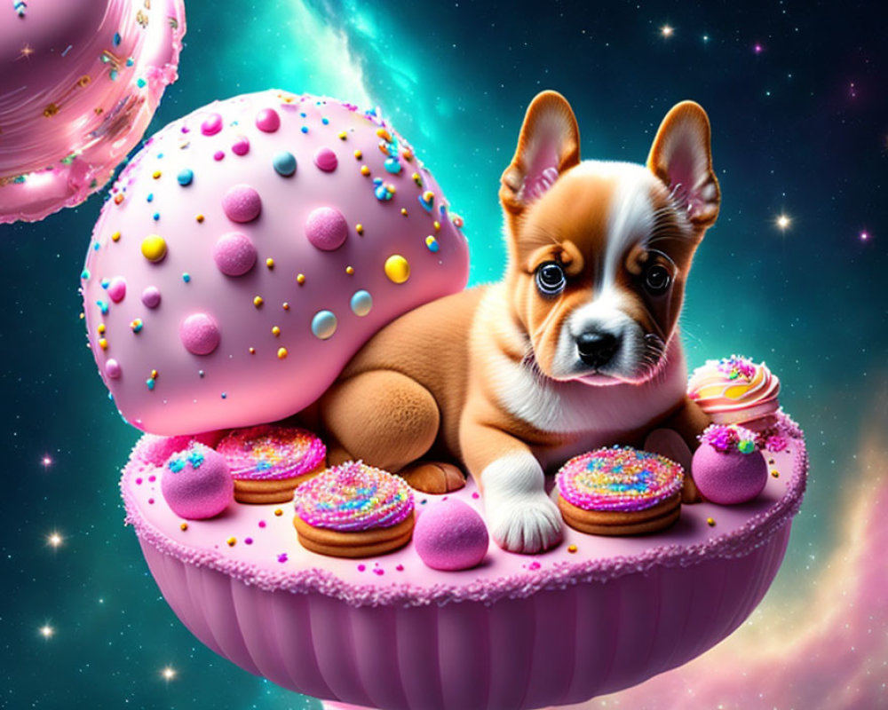 Adorable puppy on pink macaron with sweets and galaxy backdrop