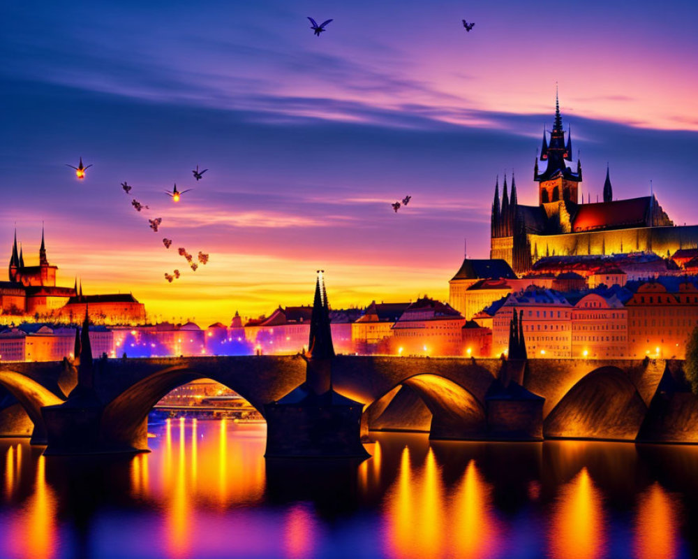 Historic city skyline with castle, bridge, birds, purple and orange sunset reflection
