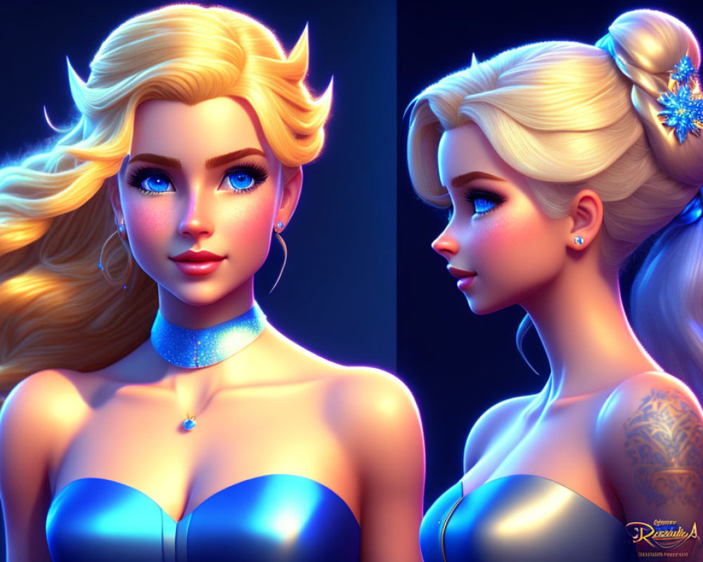 Blonde Woman 3D Illustration: Blue Outfit, Two Poses