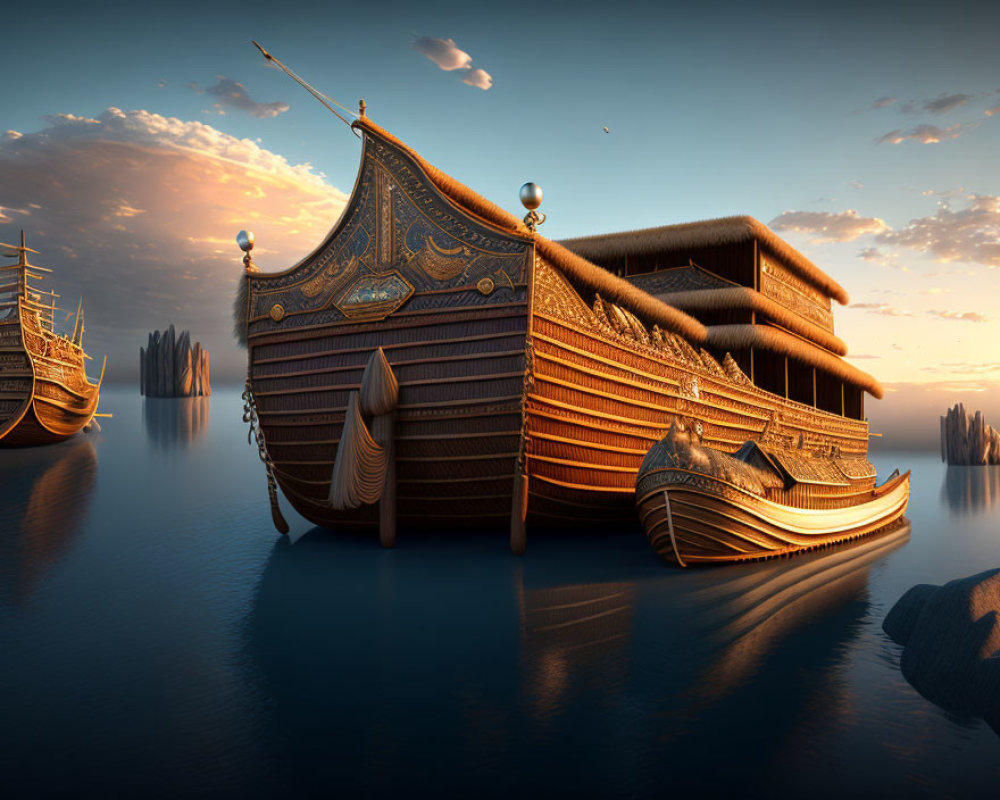 Ornate wooden ships sailing at sunset on calm sea