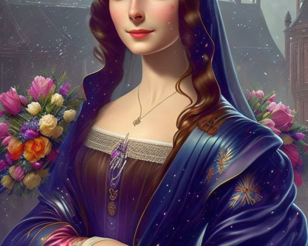 Illustration of woman in blue gown with stars, long hair, floral arrangement, twilight cityscape.