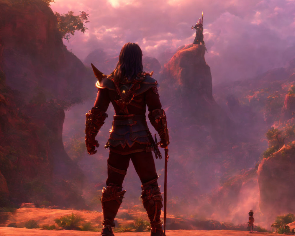 Ornate armored warrior gazes at distant figure in dramatic landscape