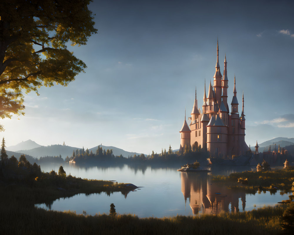 Pink castle by tranquil lake at sunset with autumn trees and distant mountains.