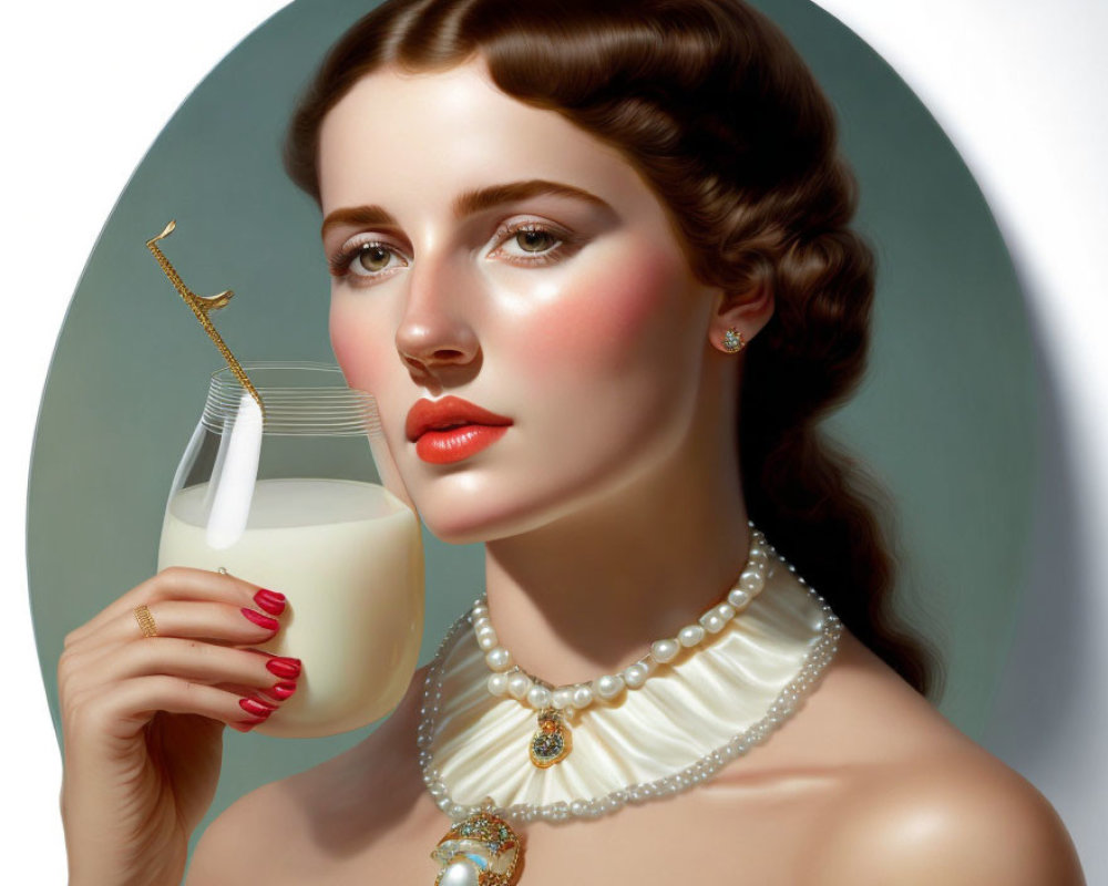 Portrait of woman with braided hair, classic makeup, holding glass with pearls.