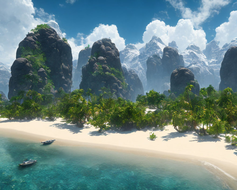 Tropical Paradise: Palm Trees, White Sand Beach, Blue Water, Mountain Peaks