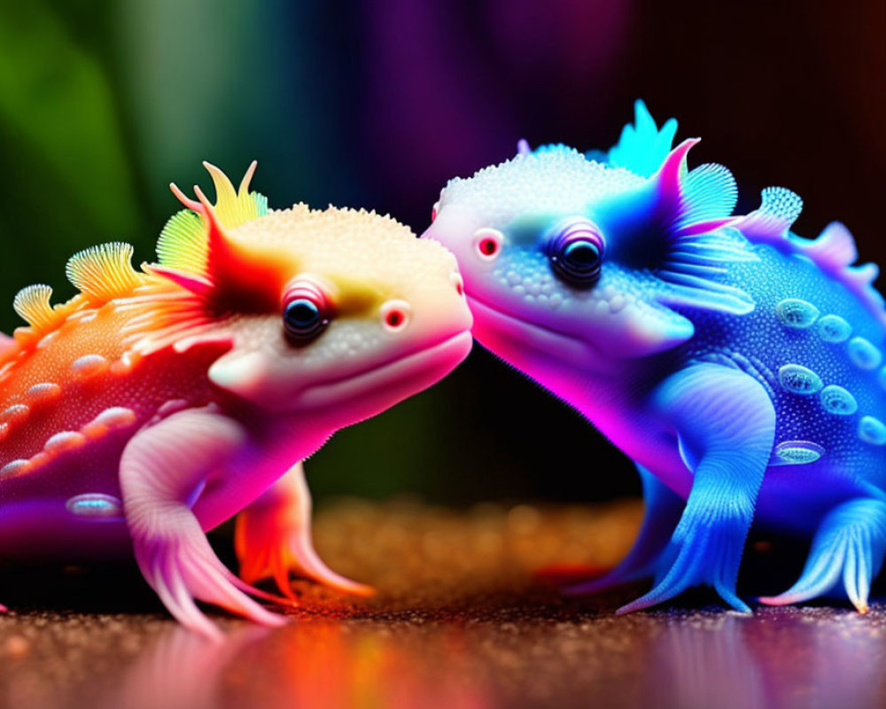 Colorized axolotls face each other on blurred background