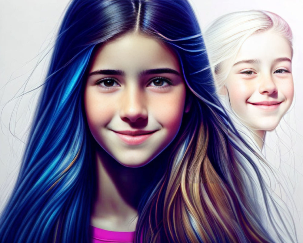 Two girls with colorful flowing hair, one blue and black, the other white and gold, sharing a