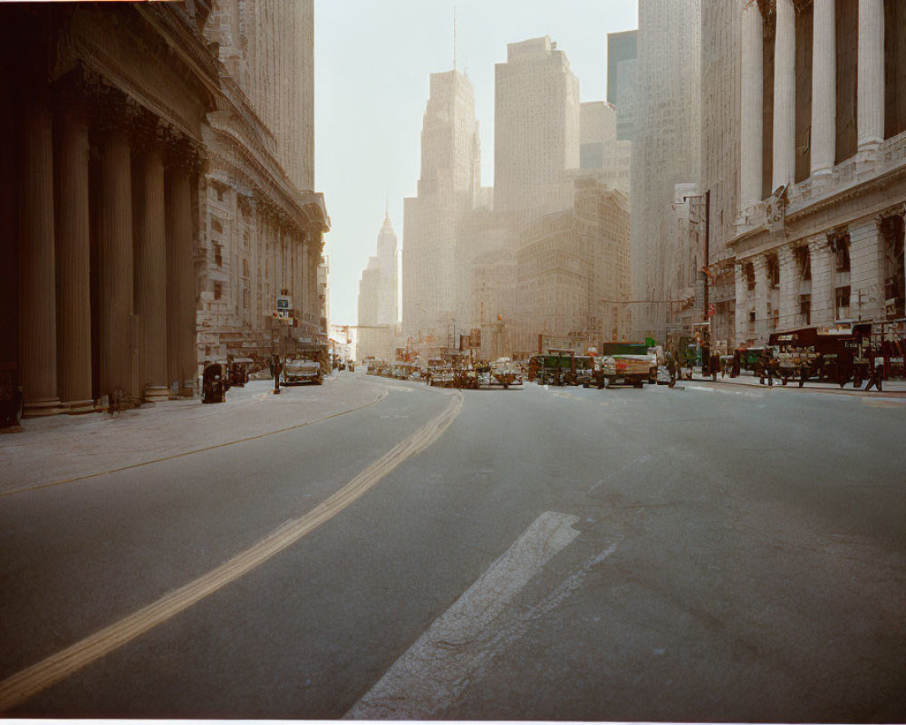 Deserted urban street with classic and modern architecture and parked cars.