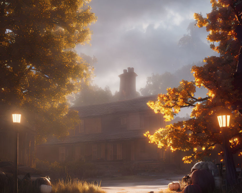 Autumn sunset through golden-leaved trees beside a rustic house
