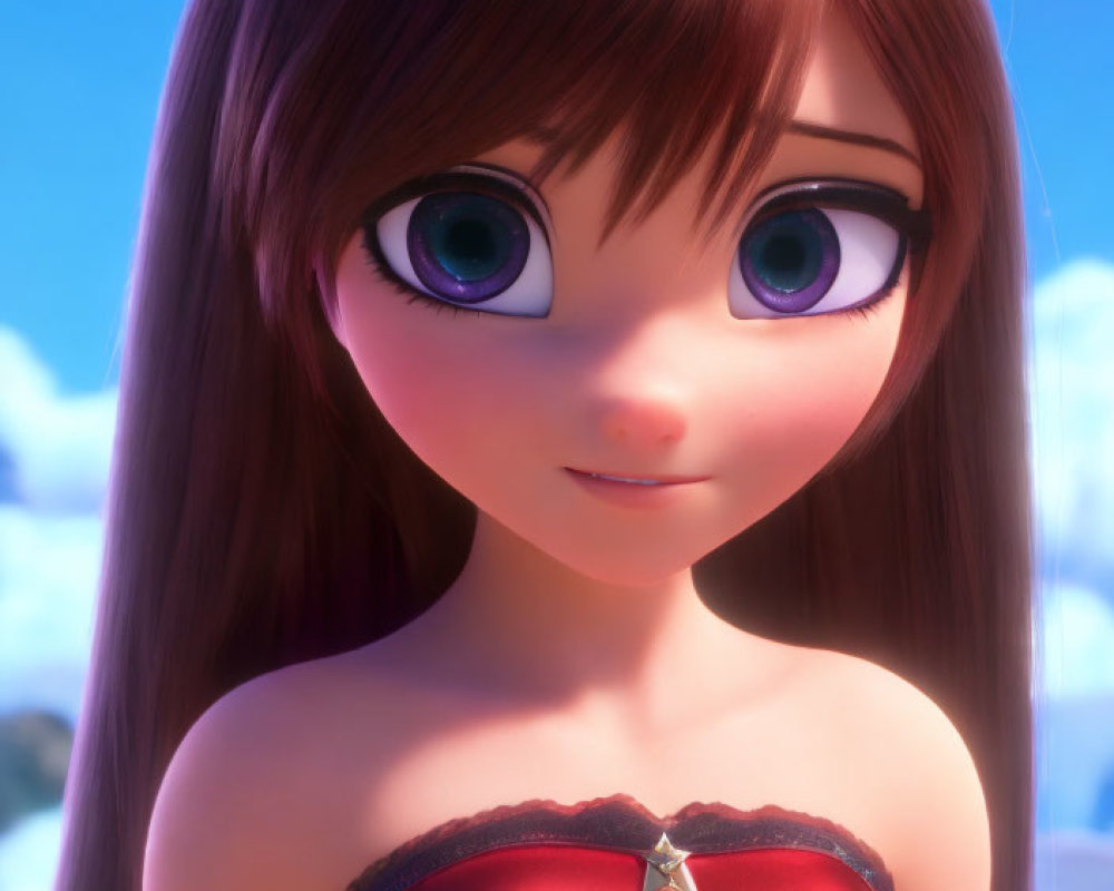 3D animated female character with large green eyes and red dress in bright outdoor scene