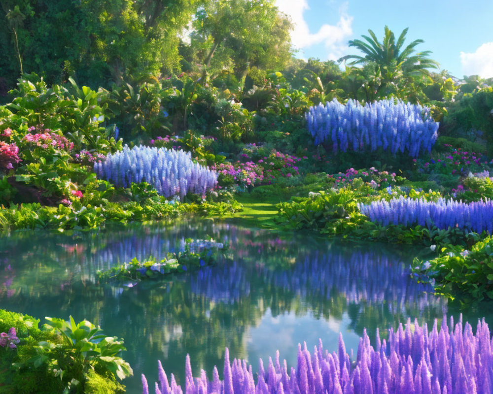Vibrant Blue and Pink Flower Garden with Reflecting Pond