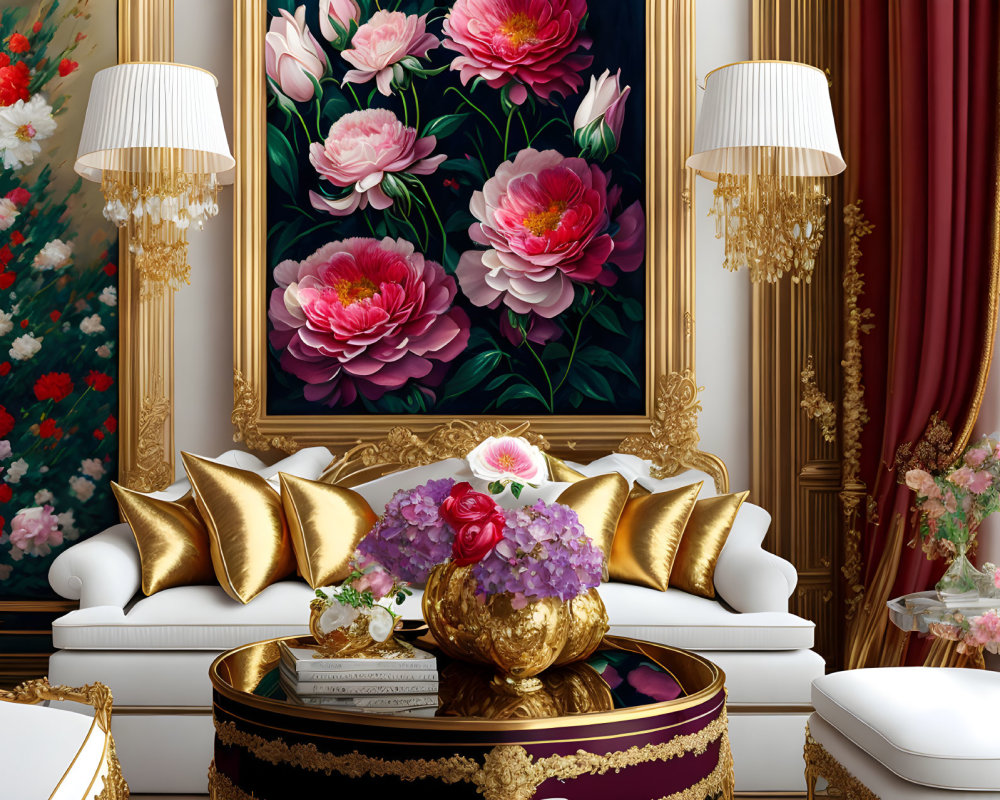 Luxurious Room with White Sofa, Golden Pillows, Floral Paintings, and Elegant Lamps