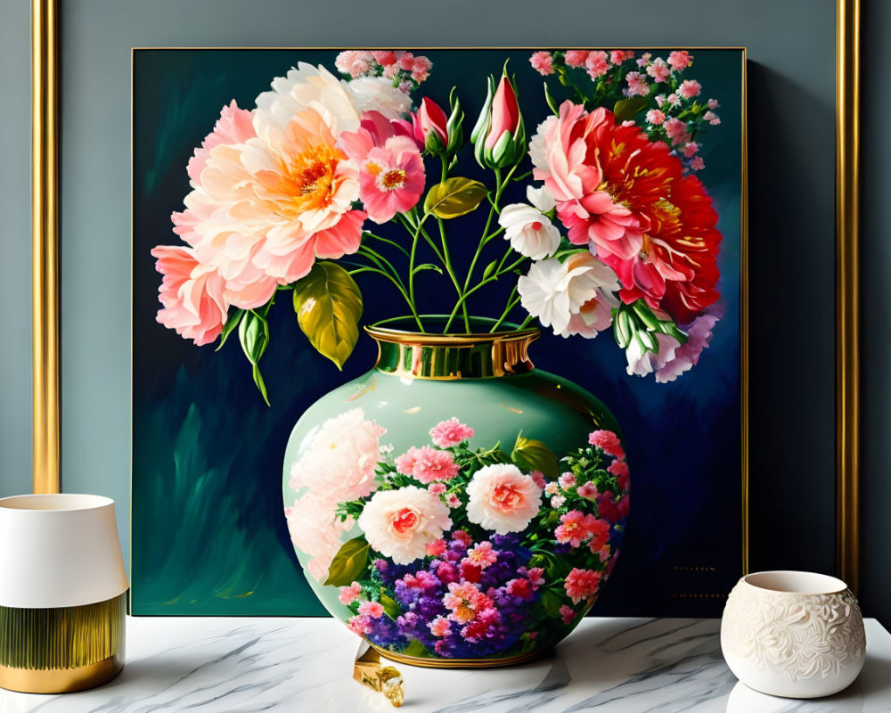 Colorful painting of green vase and peonies on dark background with decorative vases