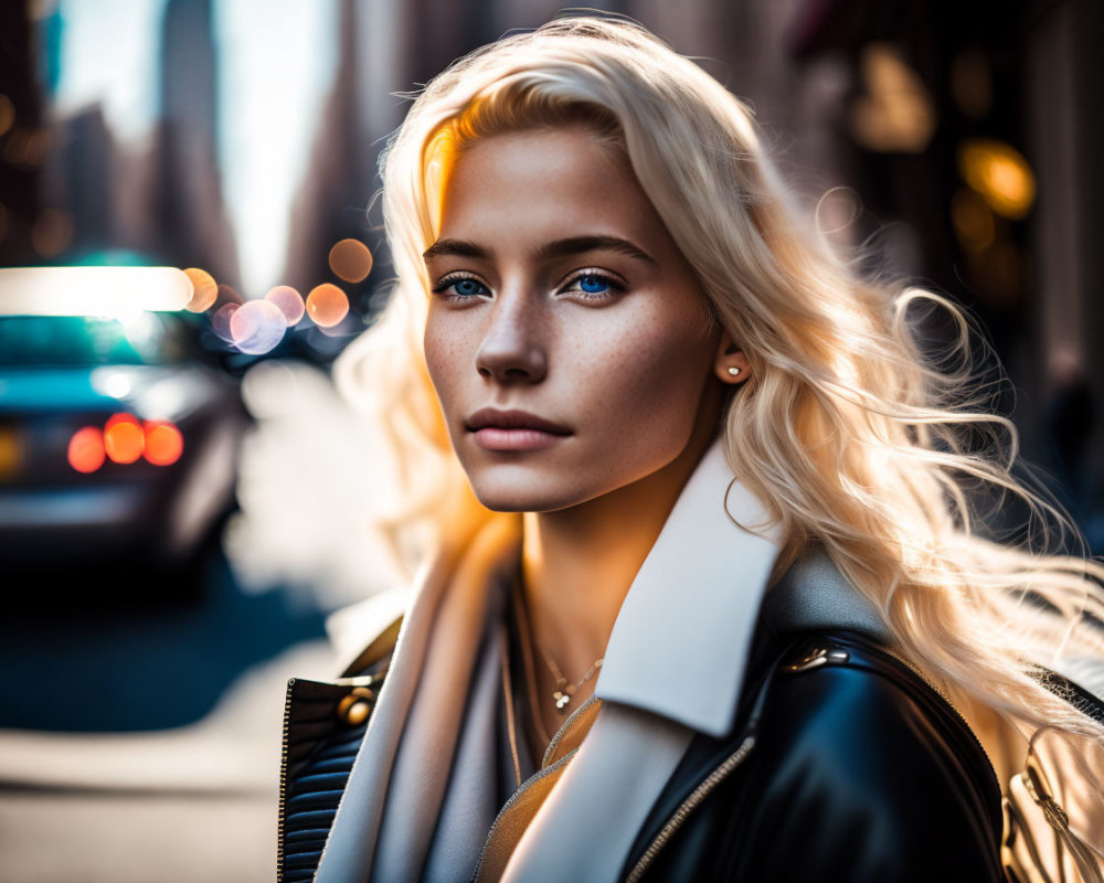 Blonde Woman in Leather Jacket with Blue Eyes and City Background
