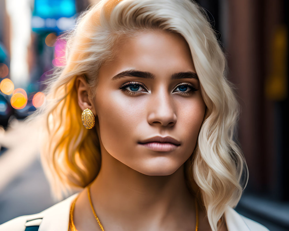 Blonde Woman Portrait with Gold Earrings and White Jacket