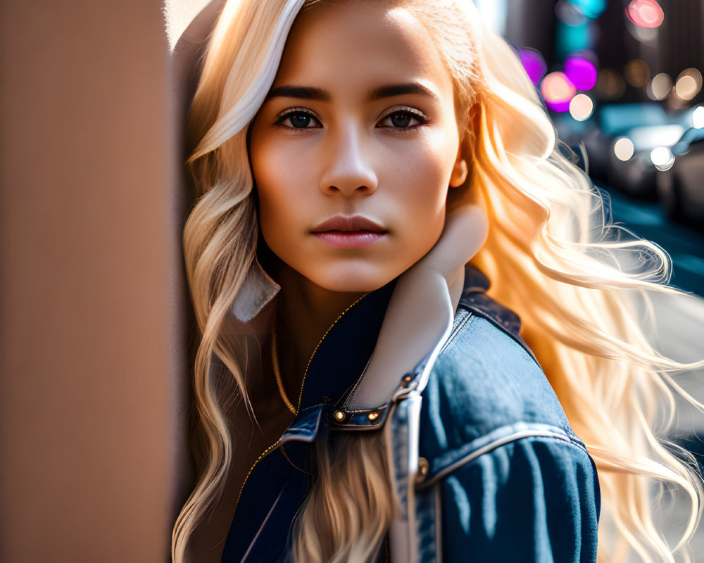 Blonde woman with wavy hair in blue jacket on city street
