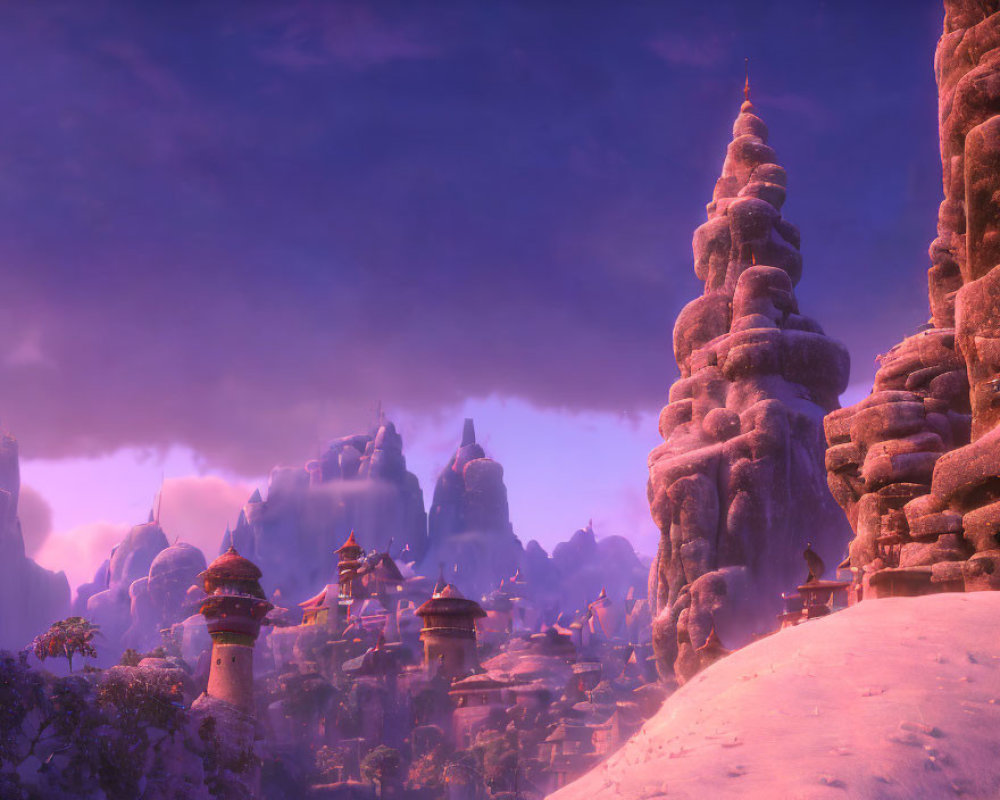 Twilight landscape with rock formations and pagoda-style structures in mystical setting