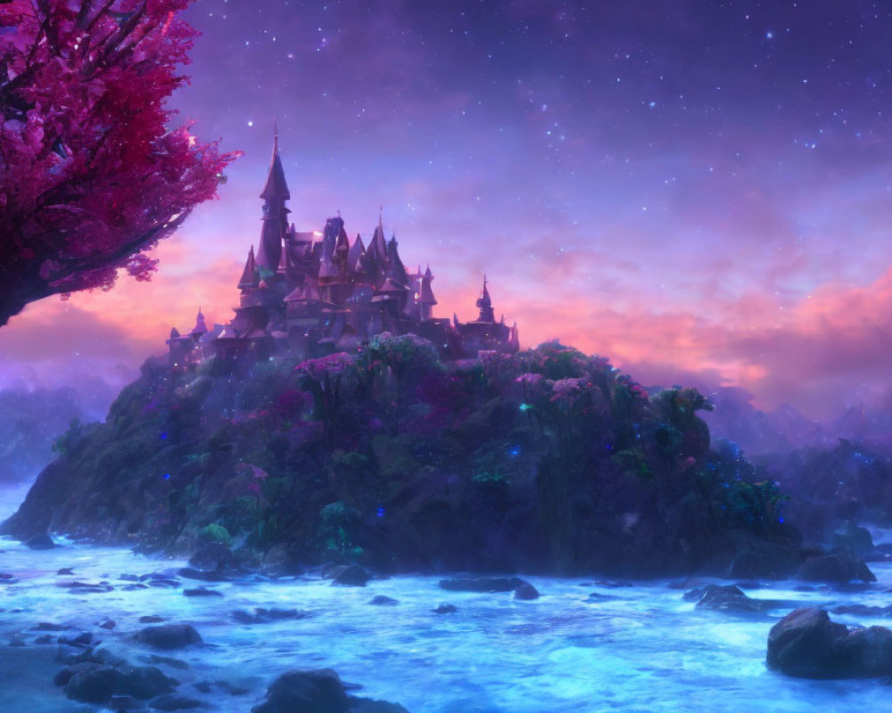 Fantastical castle on rocky hill under purple starry sky