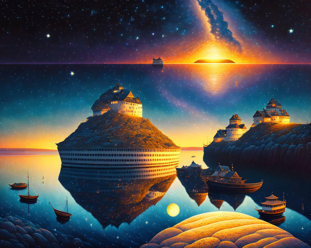 Surreal landscape with castles, boats, starry sky, and sun horizon