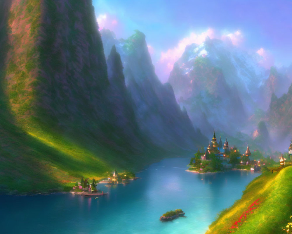 Tranquil fantasy landscape: blue river, green hills, pink sky, village