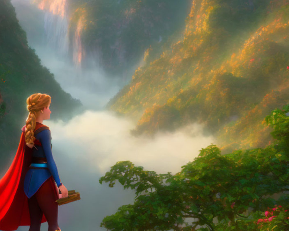 Character with braid and red cape overlooking misty valley with cliffs and waterfalls