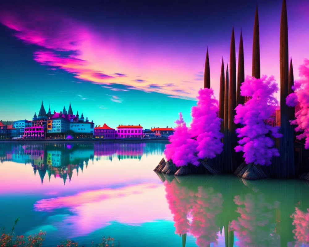 Fantasy landscape digital artwork with pink trees, spires, colorful buildings, and sunset reflection.