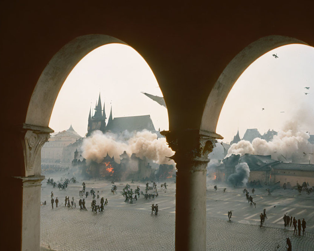 Town square scene with archways, smoke plumes, crowd, and gothic spires