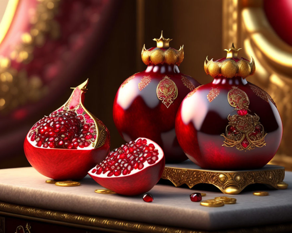 Elegant red ornaments and pomegranates with gold accents on display